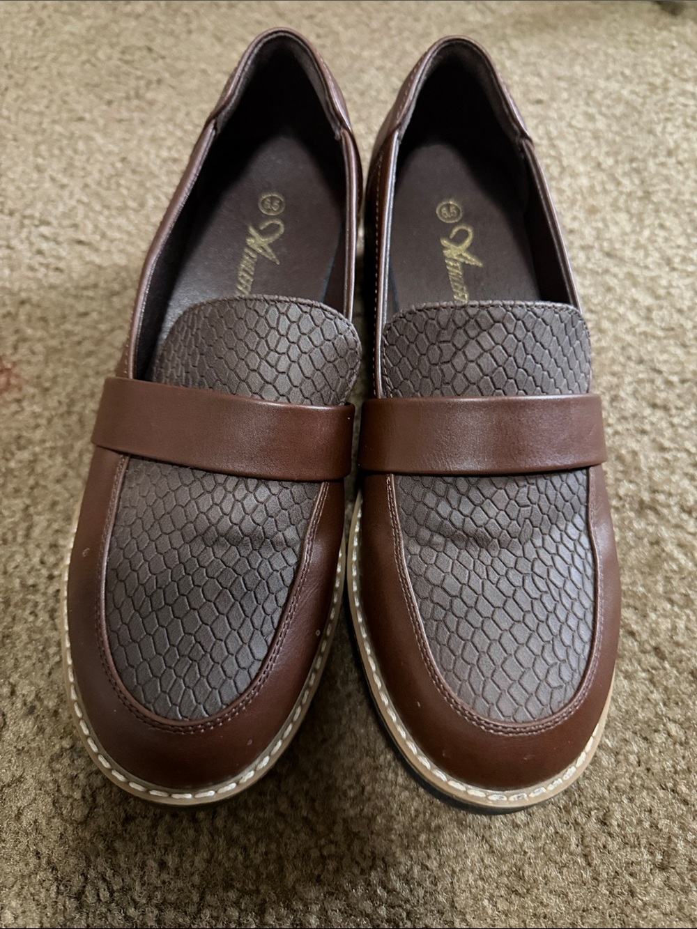 Brown Womens Slip-On Loafers with Textured Vamp